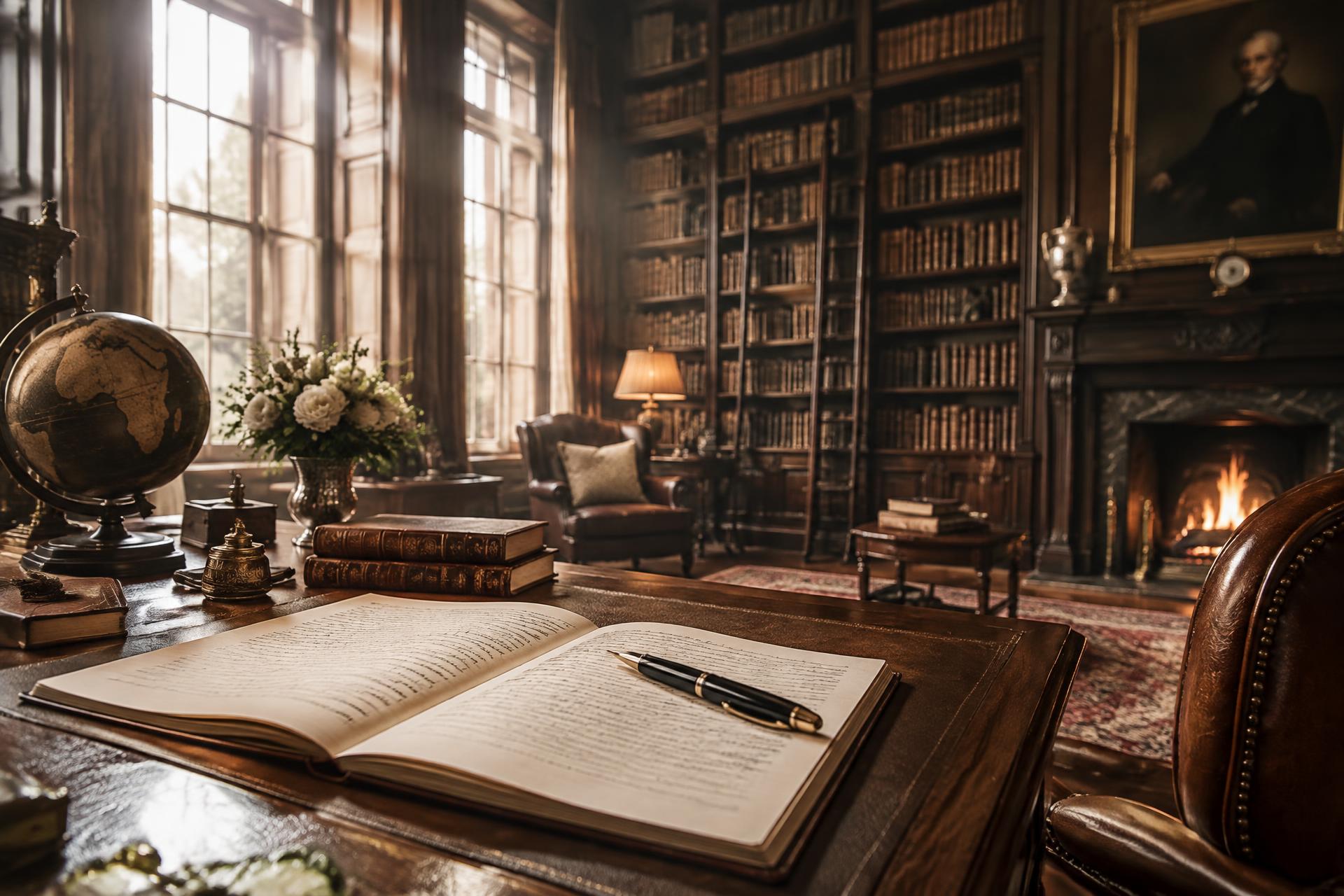 An open manuscript on a writing desk in a warm, book-lined library