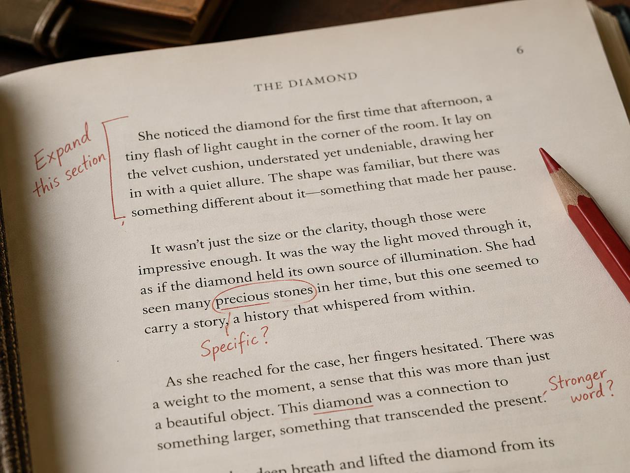 A manuscript page marked with editorial notes in red pencil
